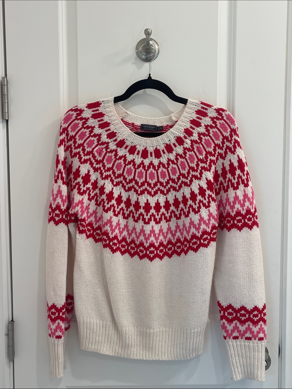 Vineyard Vines Cream Crewneck Sweater with Pink & Red Fair Isle